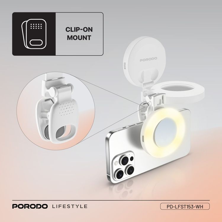 Porodo Lifestyle Clip-On Mirror Fill Light with Camera Shoe Mount, Type-C Charging Port, 200mAh Battery Capacity, Up to 4 Hours Working Time, 180° Adjustable Angle, Customizable Light Modes - White