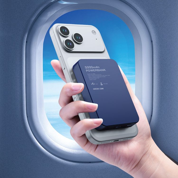 باور بانك جرين ليون GL-MAG بسعة 5000mAh مع توصيل طاقة بقوة 20 واط، شحن MagSafe، مؤشر LED، شحن لاسلكي بقوة 15 واط، تصميم نحيف - أزرق.