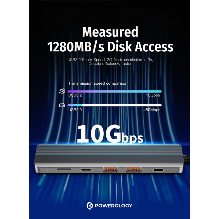 Powerology 6-in-1 Slim USB-C Hub with 4K Ultra HD HDMI, 100W PD, v3.2 10Gbps Super Speed USB-C Data, 2 x v3.2 10Gbps Super Speed USB-C Data, 4K UHD @ 60Hz HDMI, Supports v3.0 MicroSD, Fast Data & Charge - Gray