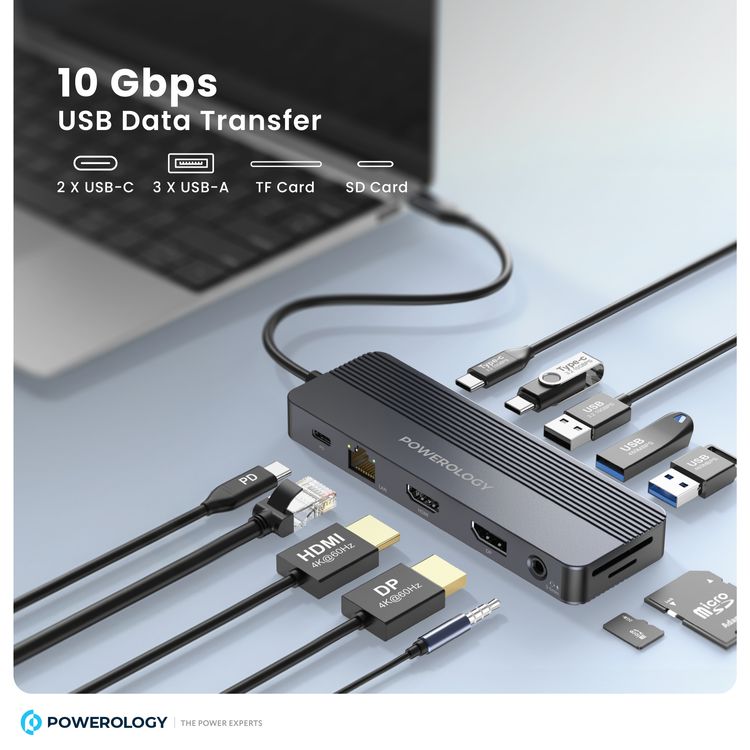 باورولوجي محور USB-C متعدد المنافذ 12 في 1 مع وضع عرض متعدد، توافق عالمي، شحن مرور، توصيل وتشغيل، مخرج فيديو مزدوج، تصميم مدمج من الألومنيوم.