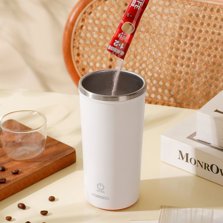 Porodo Lifestyle Auto-Stirring Insulated Mug with 400mL Capacity, Anti-Slip Base, 300mAh Battery Capacity, 120-Seconds Mixing Time with Auto-Stop - White