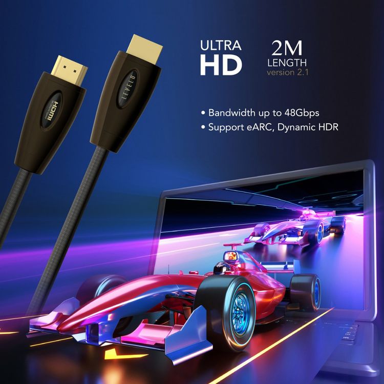 كابل Levelo HDMI بجودة Ultra HD، غلاف من سبائك الزنك، سرعة فائقة، ديناميك HDR، دقة تصل إلى 10K، طول الكابل 2 متر، موصل مطلي بالذهب عيار 24K، توصيل وتشغيل - أسود.