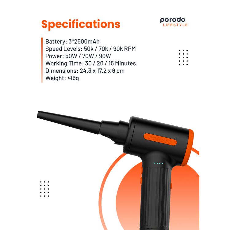 Porodo Handheld Air Duster with 6 Replaceable Nozzles, Up to 30 Minutes Working Time, Air Vacuum Function, 7500mAh Battery Capacity, 3 Speed Levels - Black