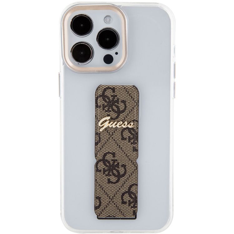 Guess Grip stand Clear Case with 4G Script Logo for iPhone 15 Series - Brown - iPhone 15 Pro Max