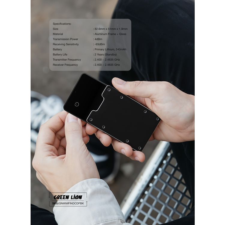 Green Lion Wallet Mate Card Finder with Aluminum Frame & Glass Material, 540mAh Battery Capacity, Primary Lithium Battery Type, Water Resistant, Thin & Durable, 2 Years Battery Life - Black