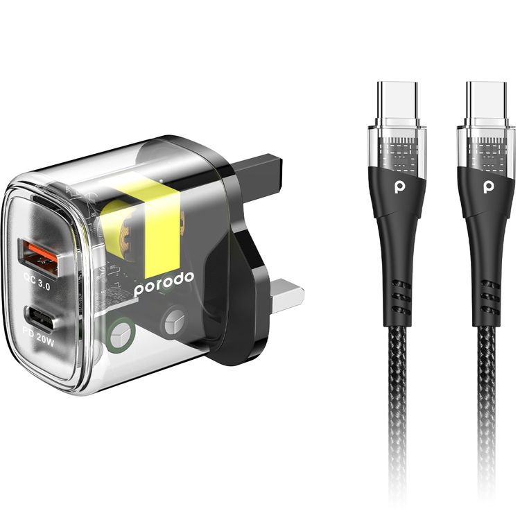 Porodo مخرج مزدوج شفاف شاحن سريع USB-C PD وUSB-A QC مع كابل USB-C إلى USB-C 1.2 متر المملكة المتحدة