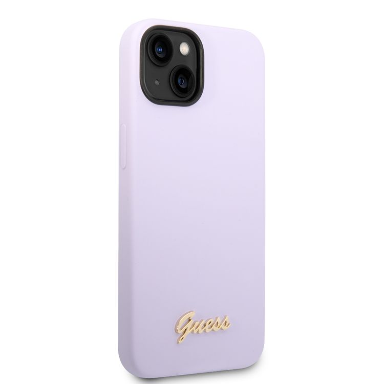 Guess Liquid Silicone Case With PC Camera Outline & Script Metal Logo - iPhone 14 Plus - Purple