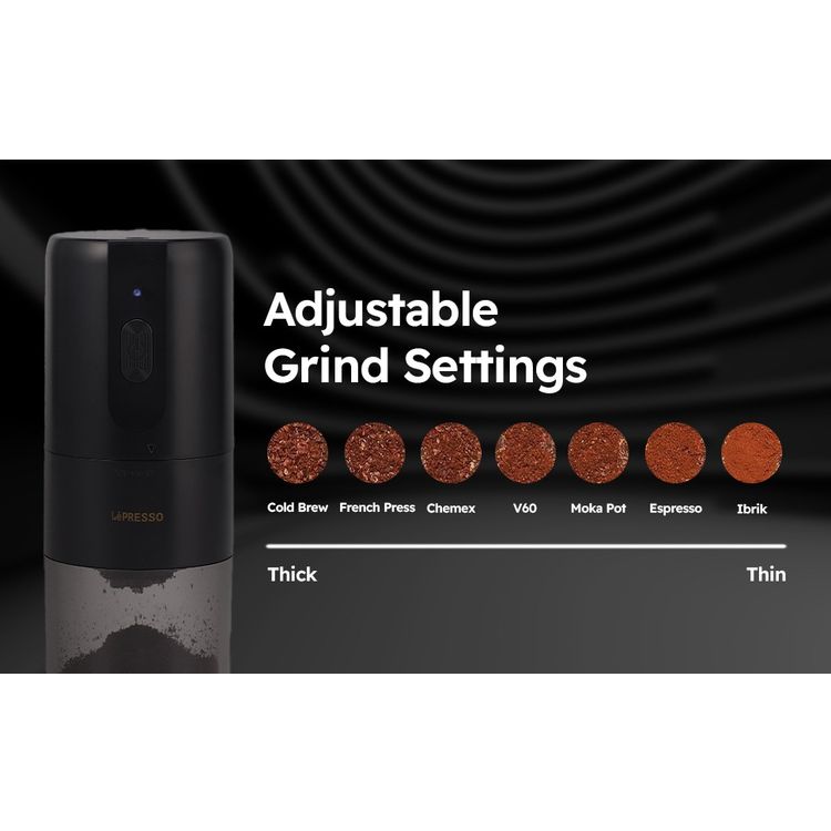 LePresso Conical Burr Grinder, 1200mAh Battery Capacity, 3 Hours Charging Time, Type-C Charging Port, Adjustable Grind Size, 160g Powder Container - Black