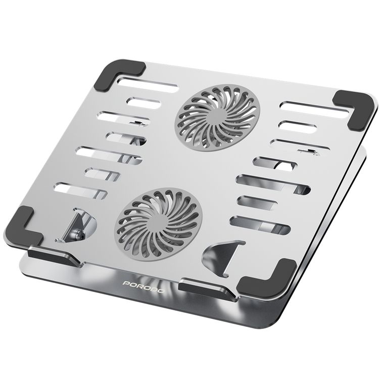 Porodo Aerodesk Cooling Laptop Stand with Adjustable Height, Rotating Joints, Quiet Fan Operation, Foldable Design, High-Speed Cooling, Anti-Slip, 8kg Load Capacity, USB-C Interface, 90° Rotation Angle, 4000rpm Motor Speed, 8kg Max Load Capacity - Silver