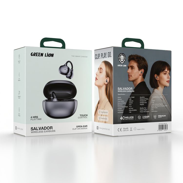 Green Lion Salvador Wireless Earbuds with Clip-On Design, Touch Control, USB-C Charging, Clear Voice Calls, Bluetooth Version 6.0, 2 Hours Charging Time, Up to 16 Hours Playtime, Secure Clip-On Fit - Gray