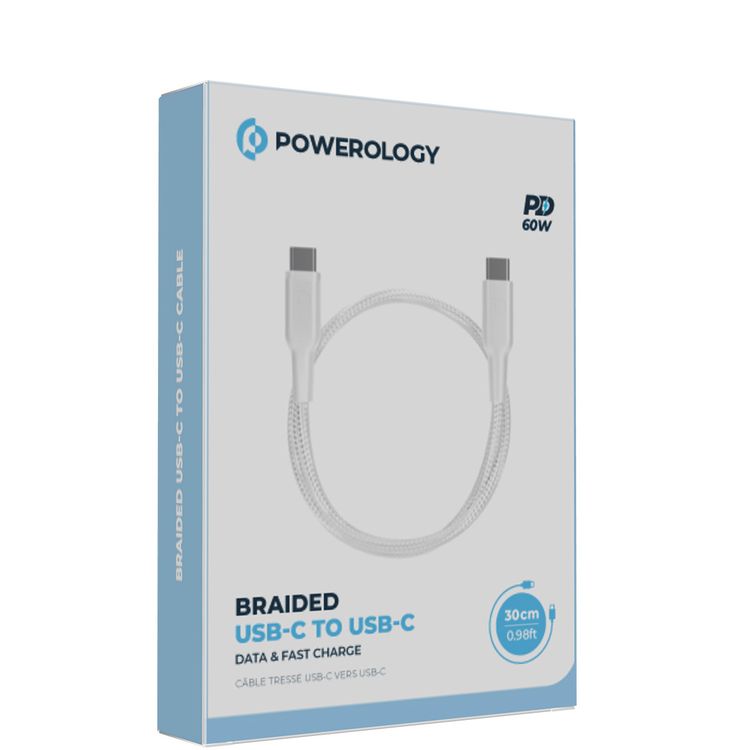 باورولوجي كابل مضفر من USB-C إلى USB-C مع توصيل طاقة 60 واط، بطول 30 سم، متوافق عالميًا، شحن سريع ونقل بيانات - أبيض.
