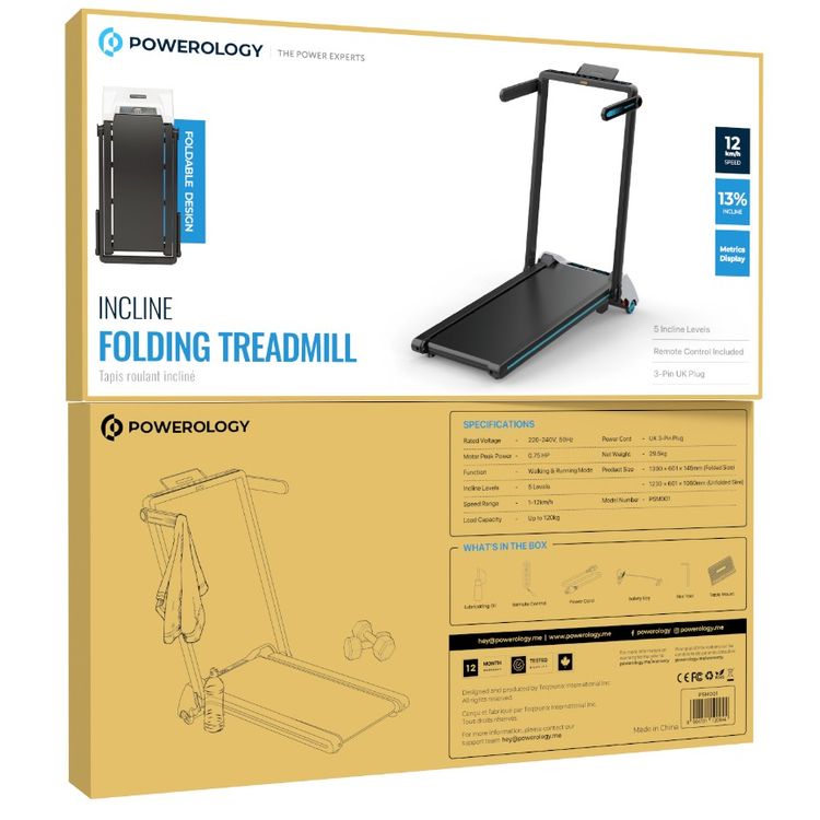 Powerology Incline Folding Treadmill with Walking & Running Modes, Up to 120kg Load Capacity, 3-Pin UK Plug, 5 Incline Levels, 1-12km/h Speed Range - Black