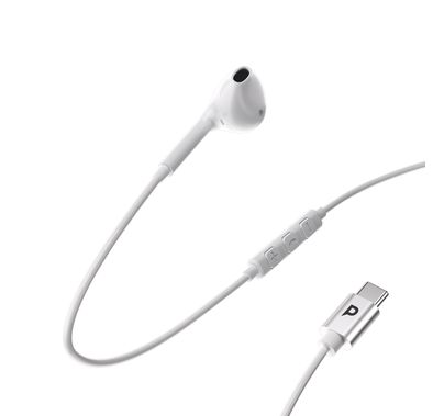 Powerology Mono USB-C Earphones with 1.2m Cable Length, Active in-Line Control Buttons, HD Sound, 40dB Sensitivity, All Type-C Devices Compatibility - White