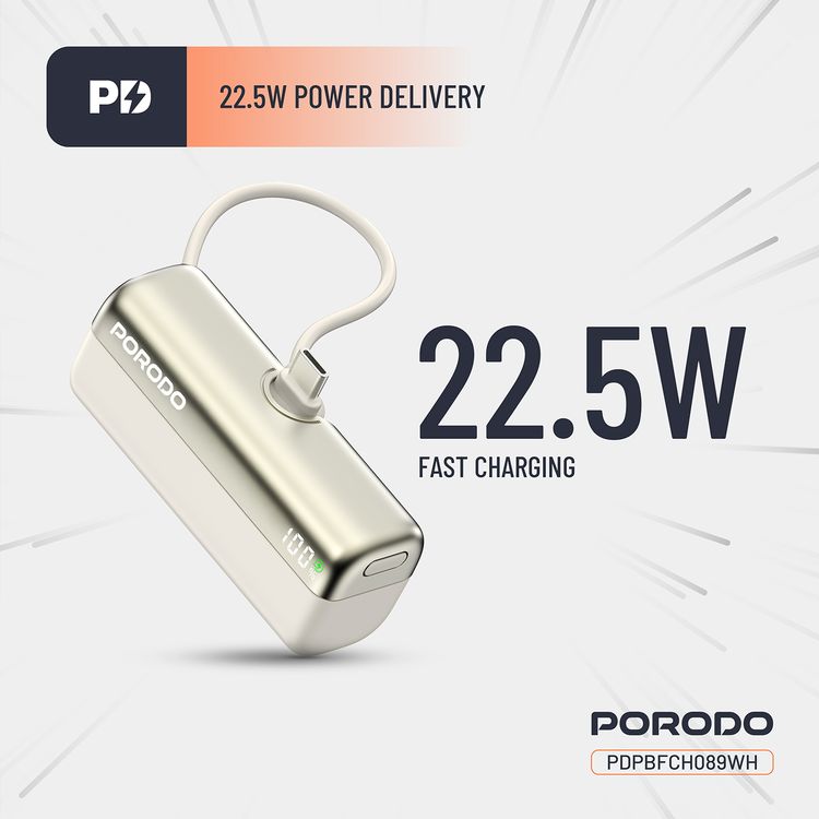 Porodo Pocket Volt 5000mAh Power Bank with Built-in Type-C Connector, 22.5W Power Delivery, Fast Charging Support, Compact Design, 15W Total Output - White