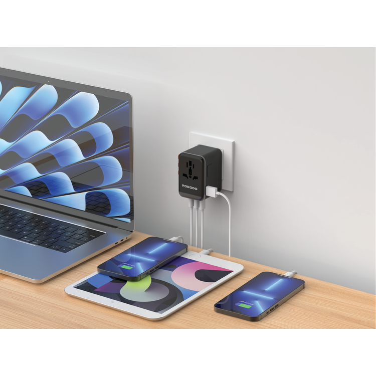 Porodo 5Gbps USB Hub Universal Travel Adapter with 65W GaN Charger, 1000-2500W Rated Power, 3 USB-C & USB-A Ports, 480Mbps-5Gbps USB-C Transfer Speed, 5Gbps USB-A Transfer Speed, Spare Fuse Included, Supports Plugs in 150+ Countries - Black