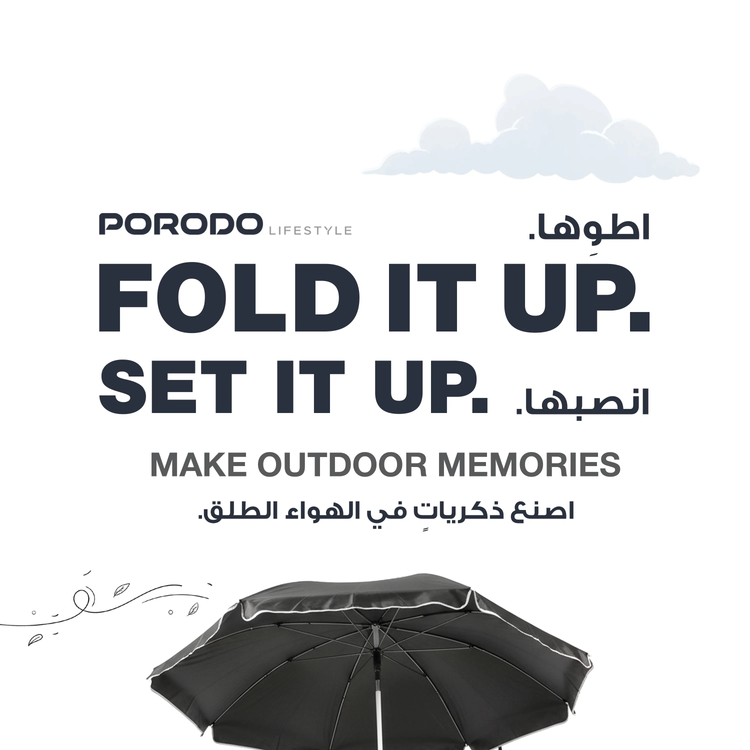 Porodo Dual Camping Chair with Detachable Sun Umbrella, ×2 120KG Max Load, Strong Steel X Frame, Cup Holder, Ice Pouch & Extra Storage, 12L Capacity, Double Foldable Chairs, Ideal for Camping, Tailgating, Beach etc. - Black