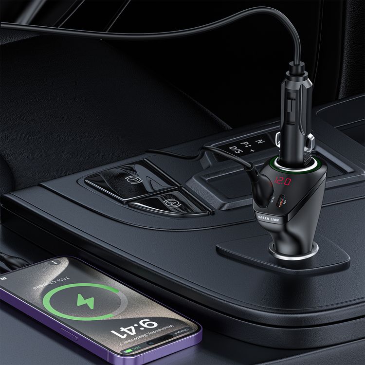 Green Lion Power Drive Car Charger with PD 45W, QC 30W, 12V Socket Splitter, USB-A & USB-C Ports, Heat Dissipation, Car Voltage Display - Black