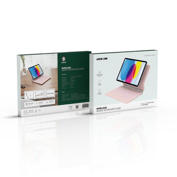 جراب لوحة مفاتيح سحرية لاسلكية من جرين ليون لجهاز iPad الجيل العاشر، 11" A16 (2025)، بطارية بسعة 500mAh، وظيفة الإضاءة الخلفية، منفذ شحن USB-C، 7 ألوان للإضاءة، حامل قلم، سطوع قابل للتعديل، لوحة مفاتيح بمفاتيح مقصية - وردي