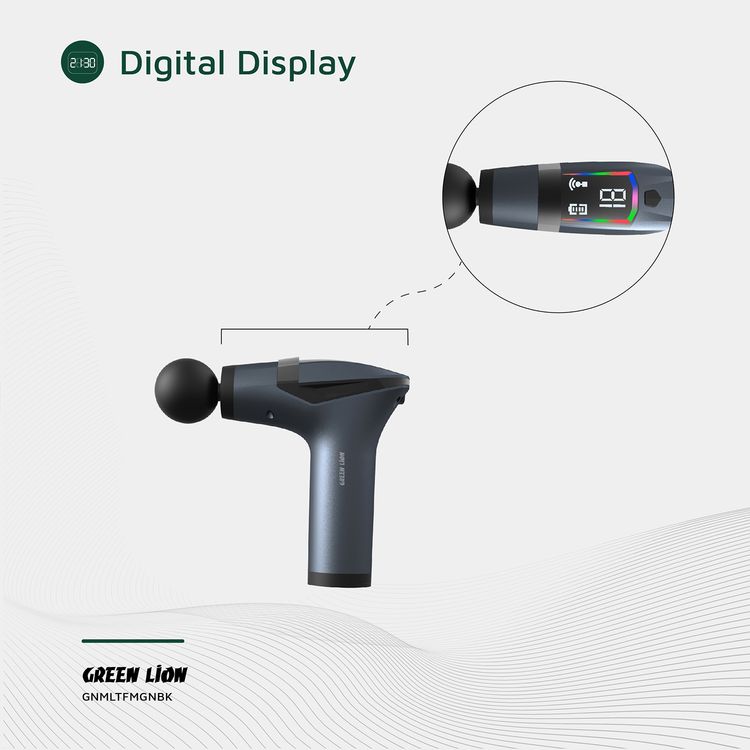 Green Lion Multifunctional GMG-05 Massage Gun with 4 Massage Heads, Extension Handle, LED Light, Massage Belt, Type-C Charging Port, Up to 3 Hours Working Time, 15000mAh Battery - Black 