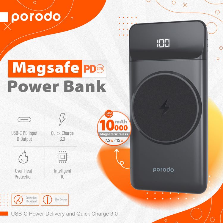  Porodo Magsafe Power Bank 10000mAh with 20W PD, Li-Polymer 3.7V Battery, Micro USB & USB-C Input, USB-A, USB-C Output, 15W Wireless Output - Black