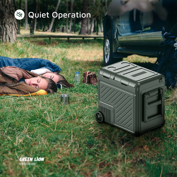 Green Lion GFC-55 Car Fridge with 55L Capacity, Pull Bar & Wheels, Touch Control Display & Interior Lights, Dual Power Supply, Child Safety Lock, Two Shelves, Quiet Operation - Black