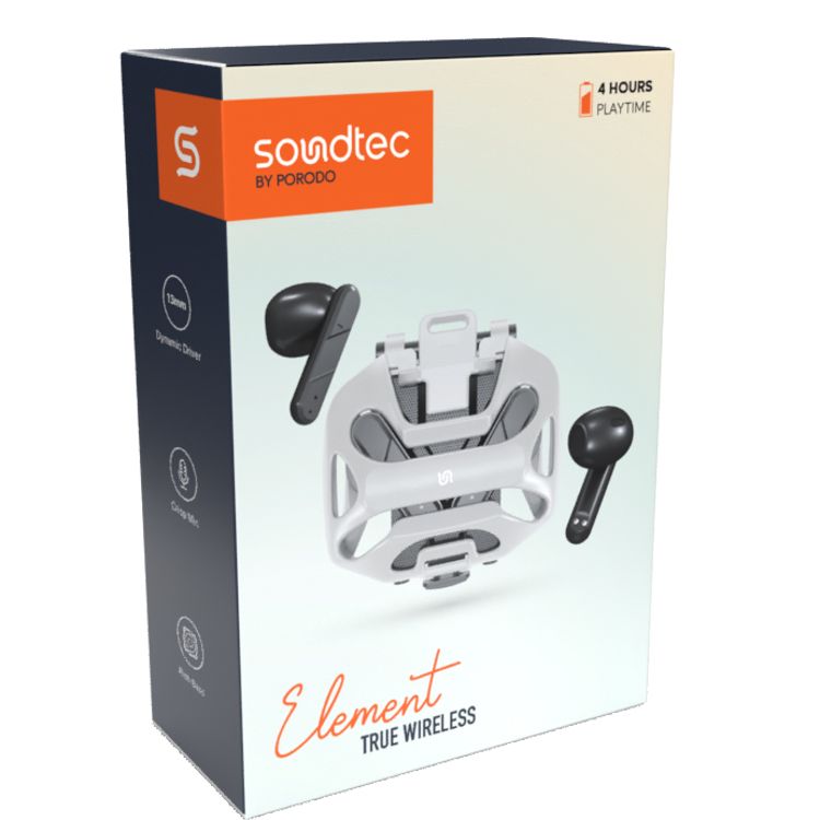 Porodo Soundtec Element True Wireless Earbuds with Rich Bass, Crisp Mic, Low Iatency, Toch Controls, 4 Hours Playtime, 5.3 Bluetooth Version - White