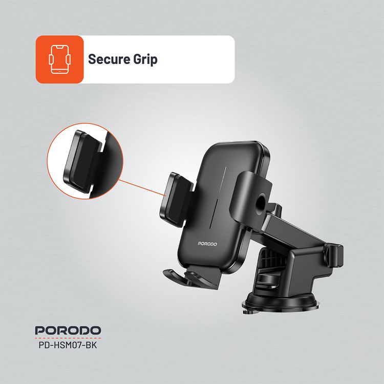 Porodo Dash & Windshield Mount with Adjustable Viewing Angle, Strong Adhesive, 60-90mm Grip Width, ABS & Silicone Material, Secure Grip - Black