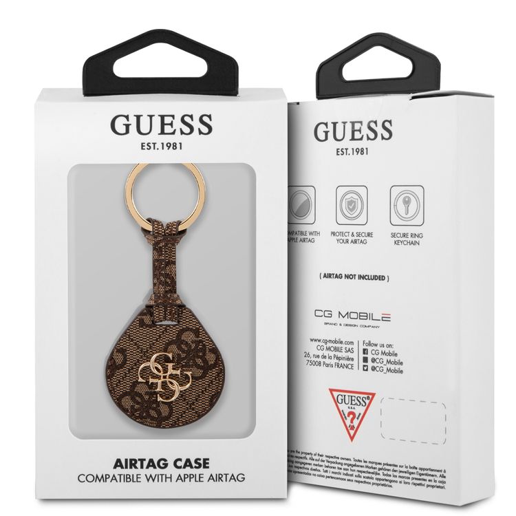 CG MOBILE Guess Big 4G PU Flat Ring Case Compatible for AirTag, Portable Protective Skin Cover, Anti-Lost Holder with Key Ring Suitable for AirTag Bluetooth Tracker, Easy to Attach Keys, Backpacks, Liner Bags Officially Licensed - Brown