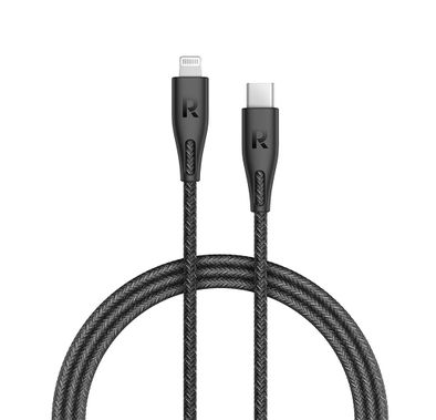 RAVPower Nylon Braided Cable 2M Compatible for Type-C to Lightning Cable, iPhone Connector Fast Charging and Data Transmitter Cord, Universal Compatibility MFi Certified - Black