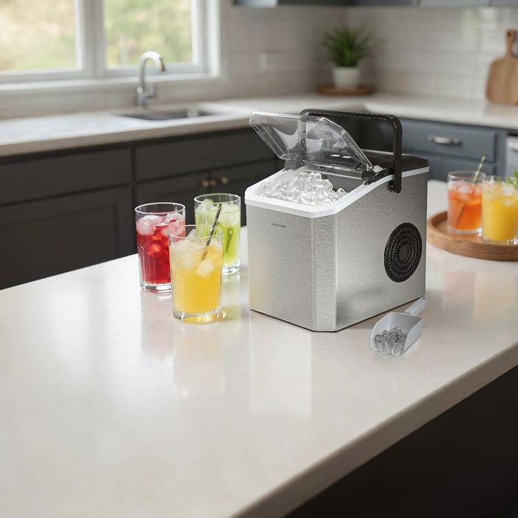 صانع الثلج الفوري جرين ليون آيس ميت مع شاشة تحكم باللمس، قدرة طاقة مصنفة 130 واط، سعة خزان مياه 1.3 لتر، سعة سلة الثلج 0.5 كجم، قابس BS بطول 1.2 متر، رصاصات صغيرة وكبيرة، مؤشر إضافة الماء ومؤشر امتلاء الثلج.