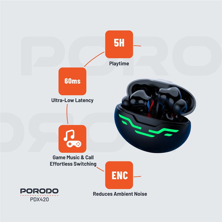 Porodo Gaming Ultra Low-Latency Gaming Earbuds, 5h Playtime, Bluetooth 5.4, ENC Support, RGB Breathing Lights, 200mAh Battery Capacity, 1000h Standby Time, Type-C Charging - Black  