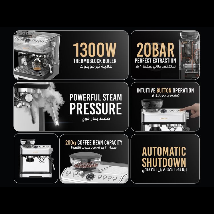 LePresso Dual Boiler Espresso Machine with Conical Grinder & Steamer Functions, 2.8L Water Tank Capacity, 2300W Heating Power, Hot Water Dispenser - Silver