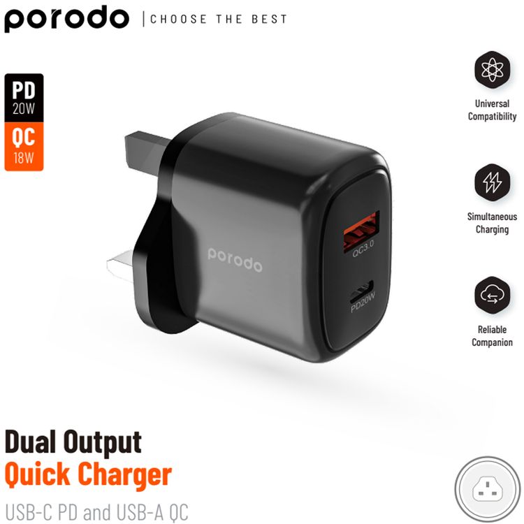 Porodo Dual Output Quick Charger with Type-C to Type-C Cable, 20W Power Delivery, QC 18W, UK 3-Pin Plug, Simultaneous Charging, Universal Compatibility - Black