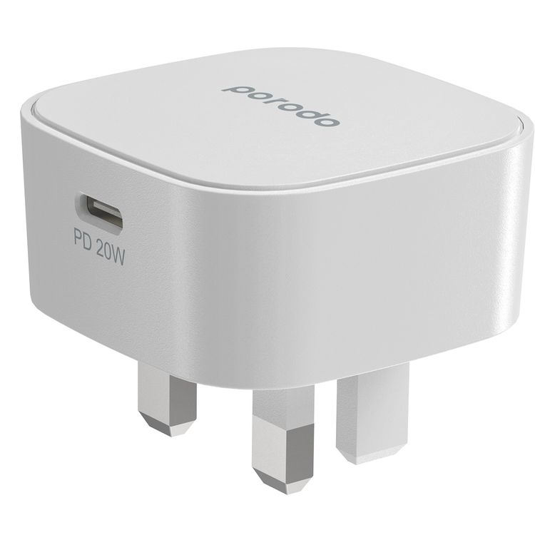 Porodo Super-Compact Fast Charger with 20W USB-C Power Delivery, Overcurrent Protection, UK 3-Pin Plug, Fire Retardant Material, 0%-60% Charge in 30 Minutes - White