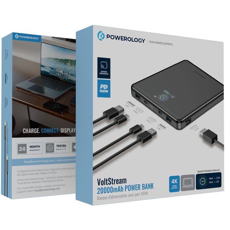 Powerology VoltStream 20000mAh Power Bank with Smart Power Display, HDMI Port, Dual USB-C & Dual USB-A Ports, 100W Power Delivery, USB-C to USB-C Cable Included, Fast Charge, Portable & Compact Design - Black