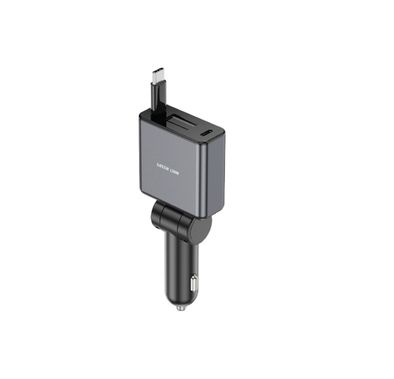 Green Lion Retractable 75W Car Charger with 50% Charging in 30 Minutes, Retractable 80cm Cable for Tangle-Free Use, Built-in Safety Fuse for Protection, On-the-Go Convenience, Simultaneous Charging, PC + Aluminum Alloy Material - Gray