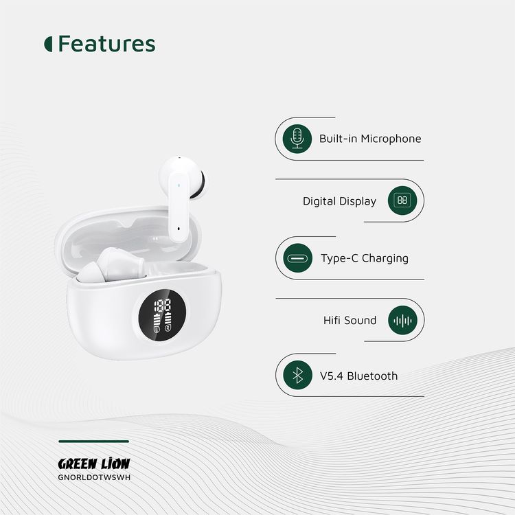 Green Lion Orlando True Wireless Earbuds with Digital Display, HiFi Sound, Built-in Microphone, Voice Assistant, 4.5 Hours Playtime, Type-C Charging - White 
