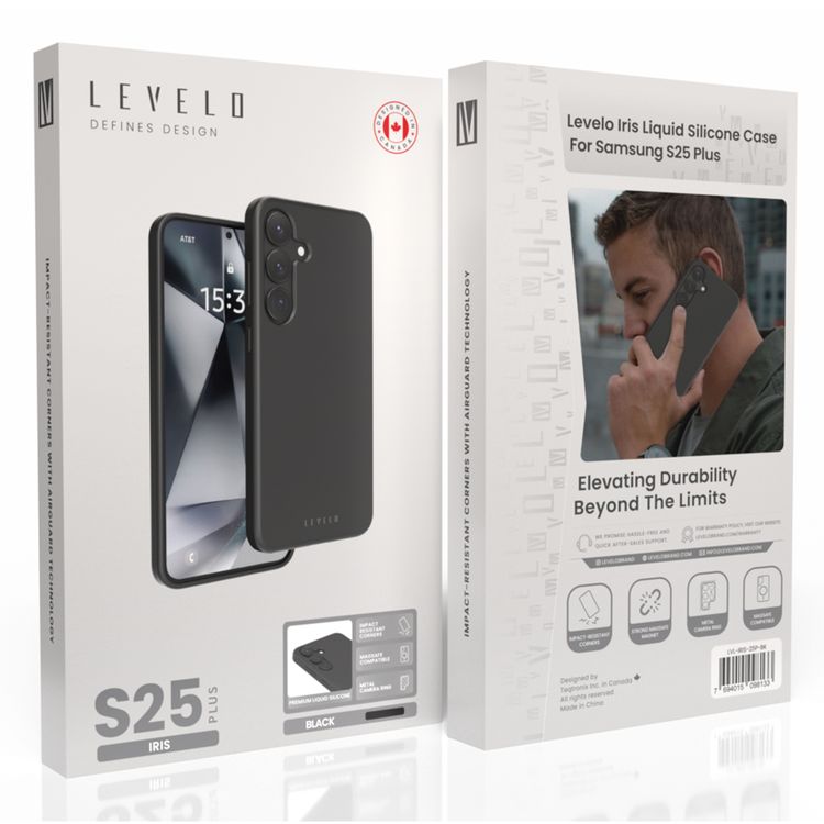جراب Levelo Iris لهاتف Samsung Galaxy S25 Plus متوافق مع MagSafe، مصنوع من مادة السيليكون السائل الممتازة، وزوايا مقاومة للصدمات، وحلقة كاميرا معدنية، ومغناطيس MagSafe قوي - أسود
