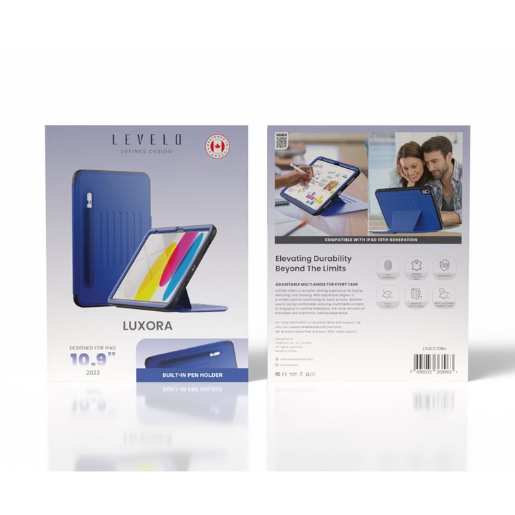 Levelo Luxora Case for iPad 10.9" 2022 (10th Gen iPad), Adjustable Multi-Angle Viewing, Premium PU Leather Finish, Shockproof, Anti-Fingerprint, Built-in Pen Holder & Built-in 2 Card Slots, Magnetic Flap Closure - Blue