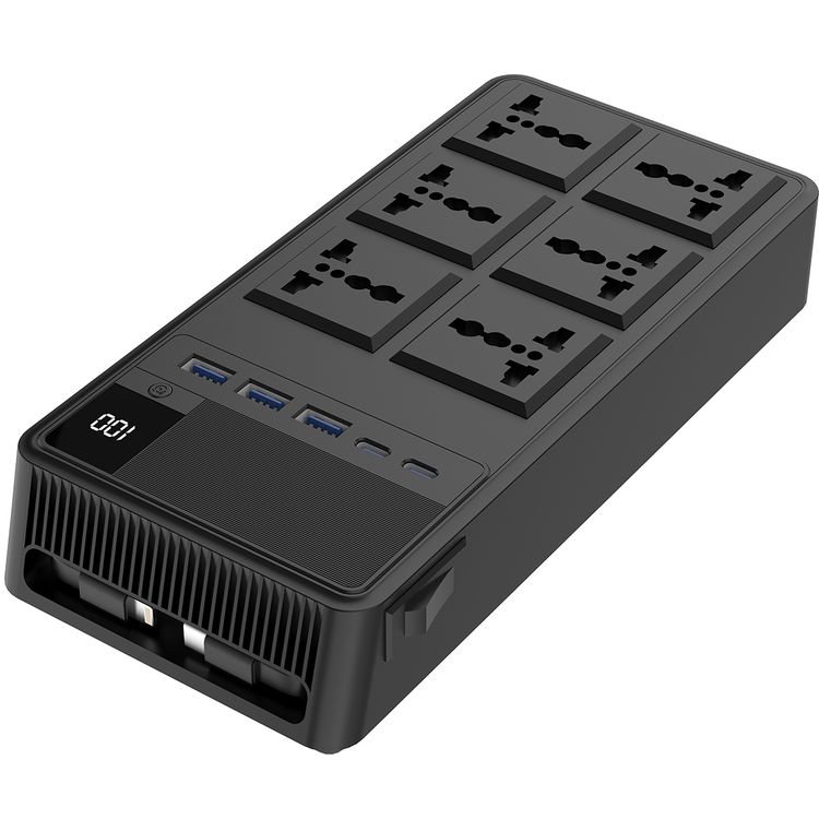 Powerology 2500W Power Strip with 6 AC Sockets & Built-in Retractable Cables, 5 USB Ports, USB-C & Lightning Outputs, Built-in Safeguards, Fire-Proof Material, 24H Timer, Simultaneous Charging, 70cm Cables Length & 3m Power Cord Length - Black