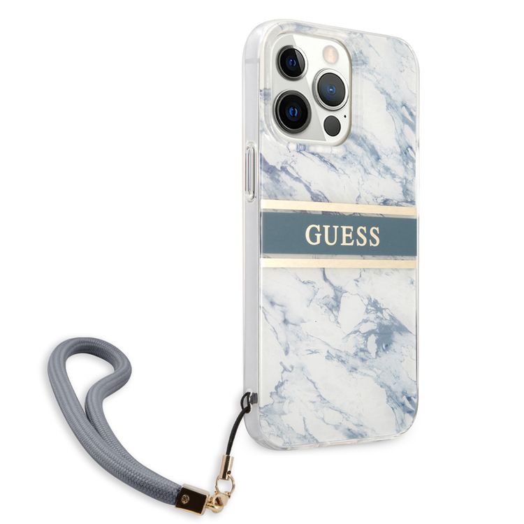 CG MOBILE Guess PC/TPU Case Marble Design & Stripe with Anti-Lost Nylon Strap for iPhone 13 Pro (6.1") Back Cover Suitable with Wireless Chargers Officially Licensed Blue