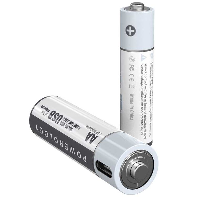Powerology USB Rechargeable Battery, Reusable USB Lithium-ion Battery with Micro USB Cable - White (AA (1500mAh / 2250mWh), 4pcs/pack)