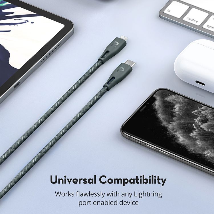 RAVPower Nylon Braided Cable 2M Compatible for Type-C to Lightning Cable, iPhone Connector Fast Charging and Data Transmitter Cord, Universal Compatibility MFi Certified - Green