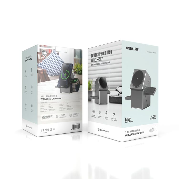 Green Lion Power Trio 3-in-1 Wireless Charger, 4.5 Hours Working Time, 15 W Phone Charging, 3W Airpod & Watch Output, Type-C Input - Gray