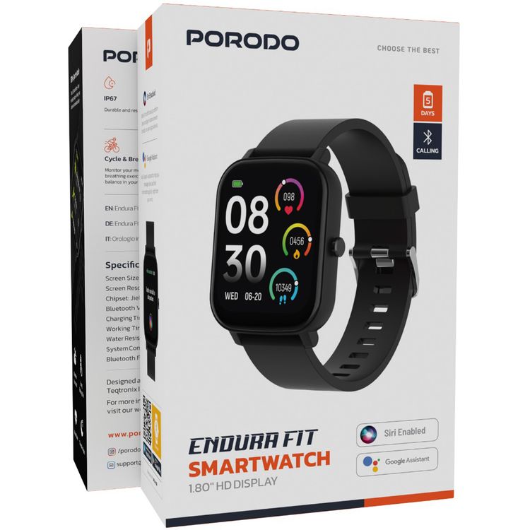 Porodo Endura Fit Smart Watch with 1.80" HD Display, +130 Sport Modes, Weather Forecast, Sleep Analysis, 2.5 Hours Charging Time, Up to 5 Days Working Time, Android 8.0 Above & iOS 12 Above Compatibility - Black