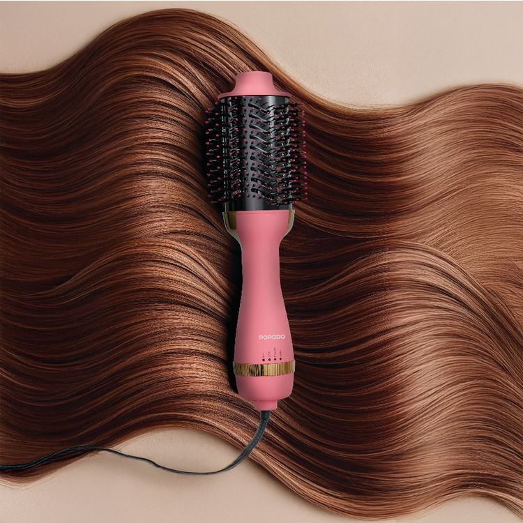 Porodo Shinewhirl Electric Hair Styling Brush with Hair Straightener Brush & Dryer, 3-Pin UK Plug, 1.8m Cord Length, Adjustable Heat Levels, Scalp Massaging Ball Tips, Ergonomic Design - Pink