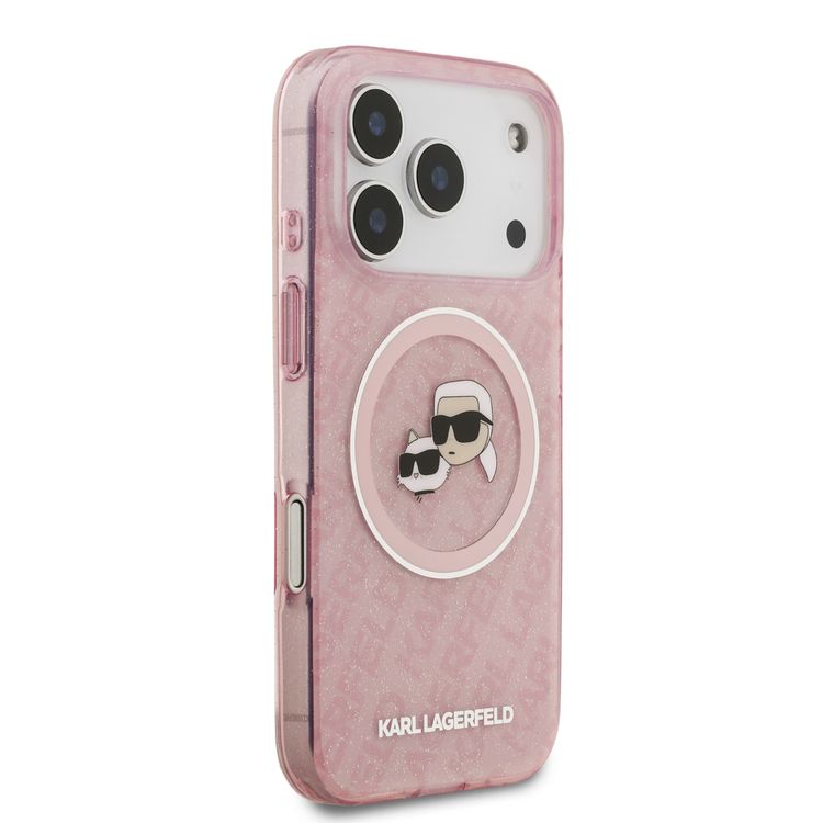 Karl Lagerfeld MagSafe IML Glitter & KL Repeated Case with Karl & Choupette for iPhone 17 Pro Max, Slim Profile, Drop Protection, Easy Snap-On, Sustainable Packaging, Comfortable Grip, Lightweight Design - Pink
