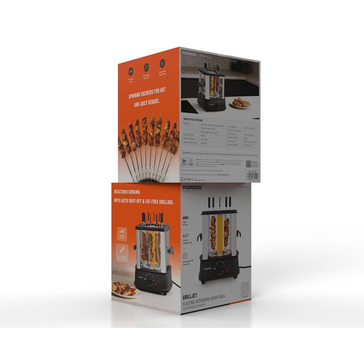 Porodo Lifestyle GrillJet Electric Rotisserie Kebab Grill with Timer, Auto-Rotating Skewers and Gears, Tempered Glass Cover, Removable Drip Tray, Auto Shut-Off Function, Anti-Slip Feet, 360°c Individual Skewer Rotation, Teflon Coated Tray - Black