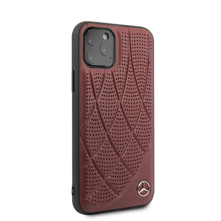 Mercedes-Benz Hard Case Quilted Perforated Genuine Leather For iPhone Pro - Burgundy