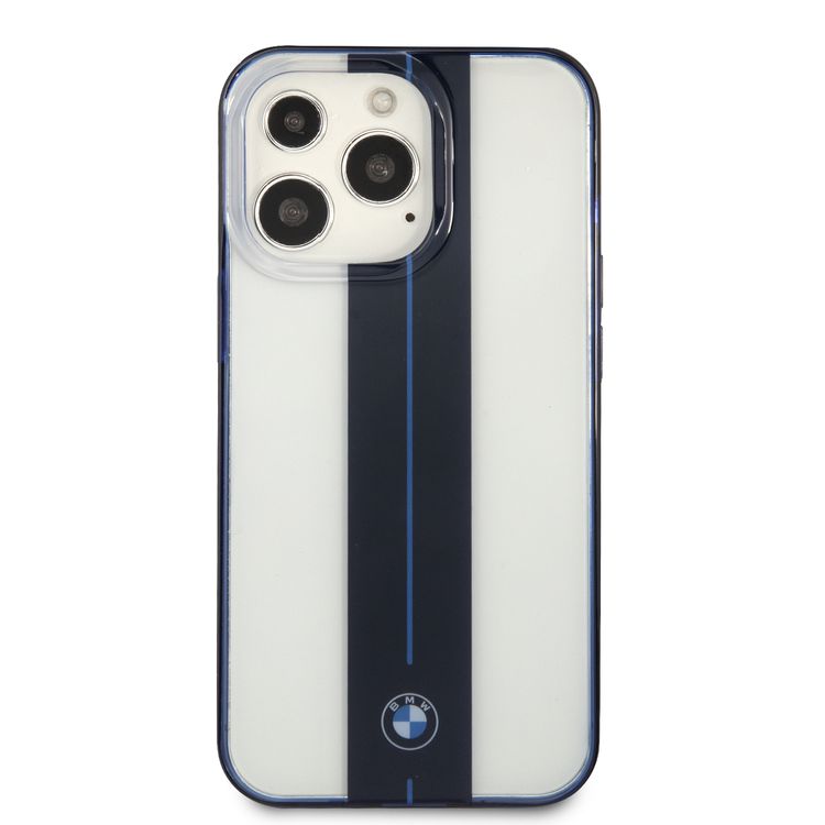 CG MOBILE BMW PC Transparent Hard Case with Navy Middle Stripe & Light Blue Line with Navy Edges Compatible for iPhone 13 Pro Max (6.7")